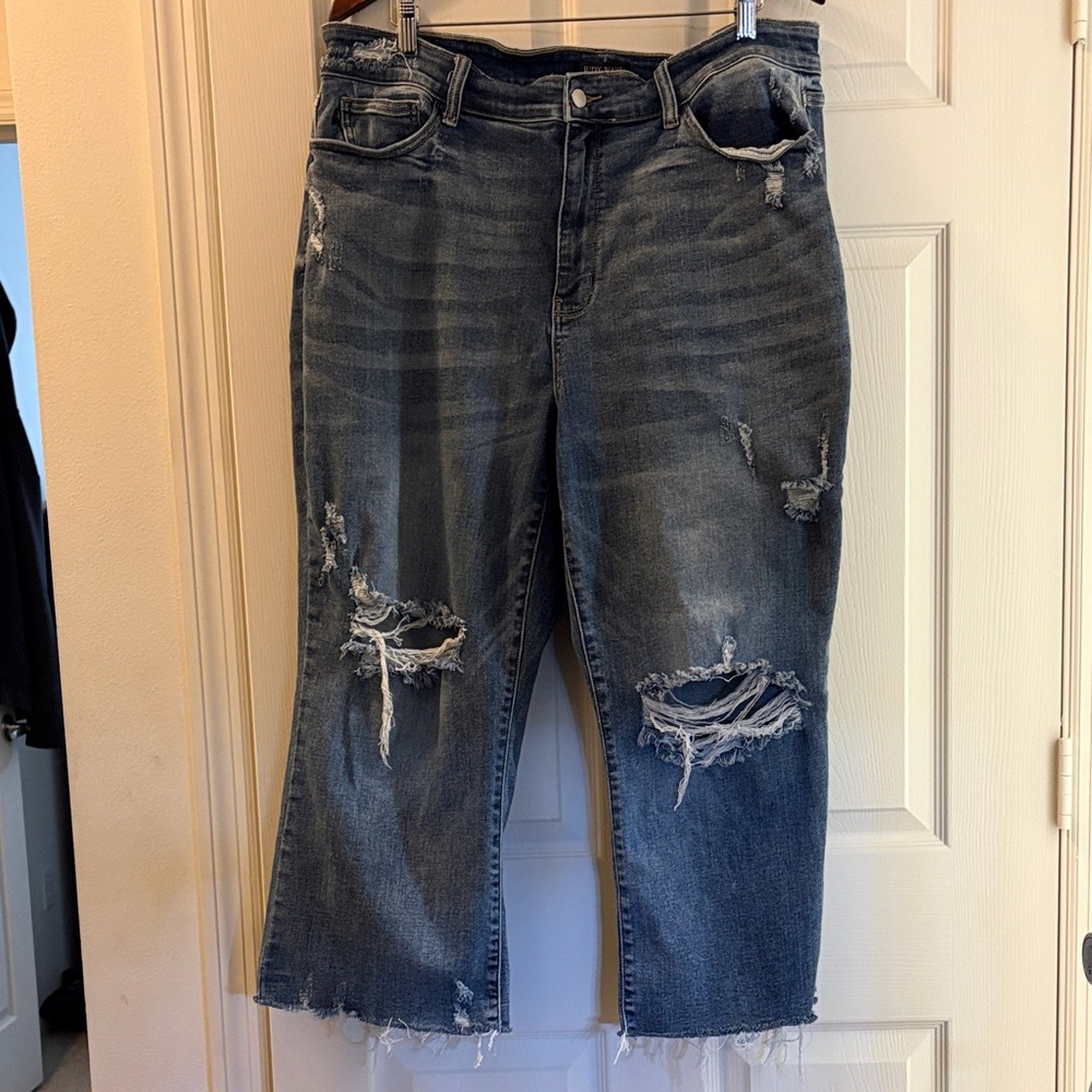 Judy Blue Dark Blue Plus Size Wide Leg Distressed Cropped Denim Jeans Sz 22W
